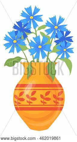 Bluets In Ceramic Vase. Meadow Wildflowers Cartoon Bouquet Isolated On White Background