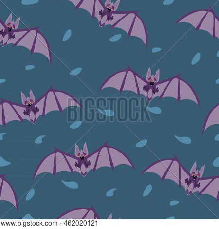 Bat In Purple Color. Seamless Pattern Illustration. Blue Background. Wallpaper Element. Random Squar