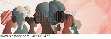 Profile Silhouette Group Of African American Or African Women And Girls. Heads And Faces Of Black Wo