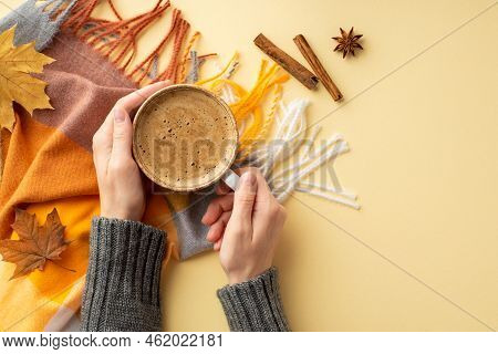Autumn Inspiration Concept. First Person Top View Photo Of Female Hands In Jumper Holding Mug Of Fre