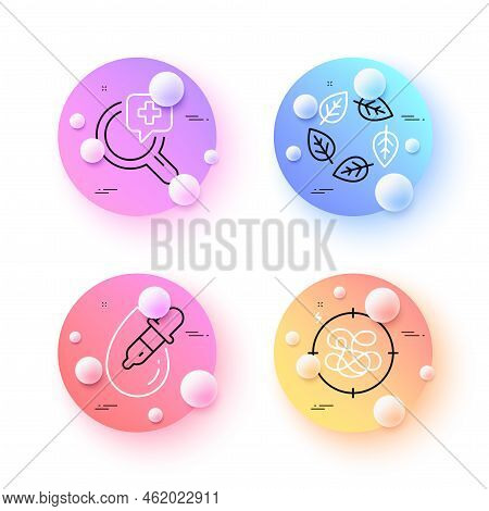 Medical Analyzes, Eye Drops And Organic Tested Minimal Line Icons. 3d Spheres Or Balls Buttons. Stre