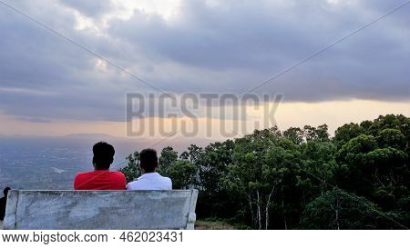 Nandi Hills, Karnataka,india-may 22 2022: Tourists Enjoying The Beautiful Scenic Sunset From Top Of