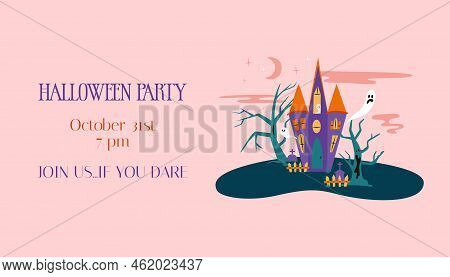 Halloween Party Intitation With Haunted House. Spooky Illustration Of Creepy Trees, Ghost And House 