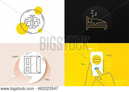 Minimal Set Of Chandelier, Mattress And Sleep Line Icons. Phone Screen, Quote Banners. Open Door Ico
