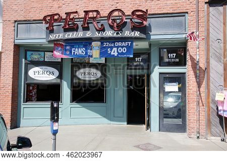Huntington Beach, CA. - USA - September 19, 2022:  PERQS Night Club and Sports Bar in Huntington Beach California on Main Street. A world famous Huntington Beach Local Bar and Pub. 
