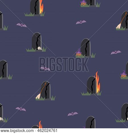 Helloween Graveyard Set. Seamless Pattern Illustration. Pumpkin. Skull. Bat. Flame. Headstone Wallpa