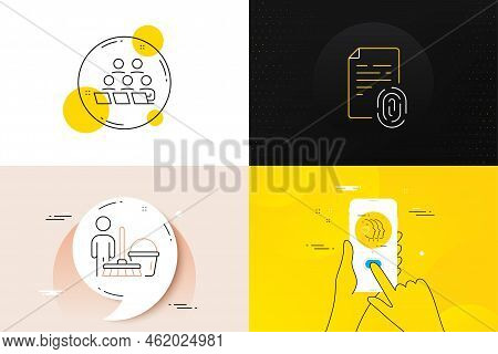 Minimal Set Of Friends Couple, Teamwork And Cleaning Line Icons. Phone Screen, Quote Banners. Finger