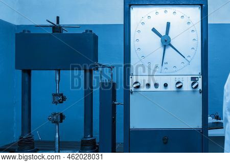 Laboratory, Tensile Testing Machine For Steel At Metallurgical Plant. Machine For Testing Metals For