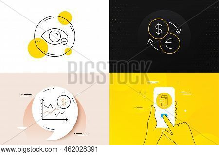 Minimal Set Of Currency Exchange, Myopia And Phone Password Line Icons. Phone Screen, Quote Banners.