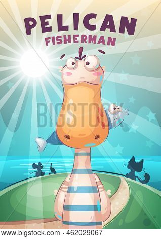 Cartoon Character Animal Fisherman Pelica. Vector Eps 10n - Poster Illustration