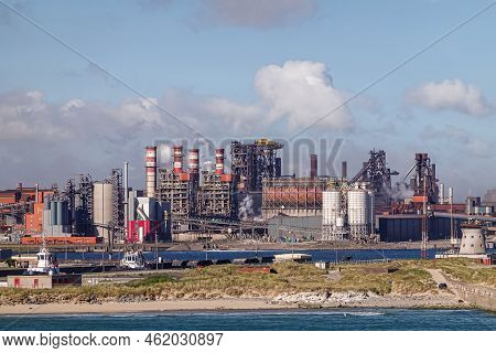 Europe, France, Dunkerque - July 9, 2022: Port Scenery. Closeup Of Large Power Generation Plant, Bas
