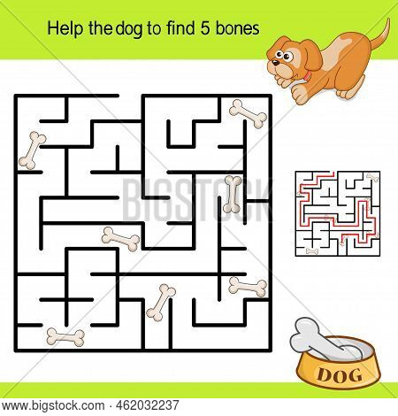 Help The Dog To Collect 5 Bones. Funny Maze And Cute Cartoon Character Dog Isolated On Colorful Back