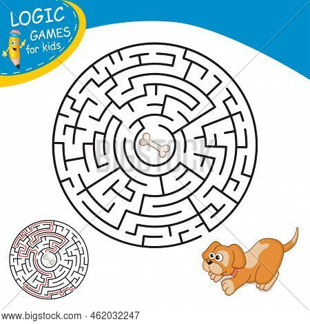 Maze Or Labyrinth For Children With Cartoon Dog And Bone. Find Right Way. Simple Round Maze With Ans