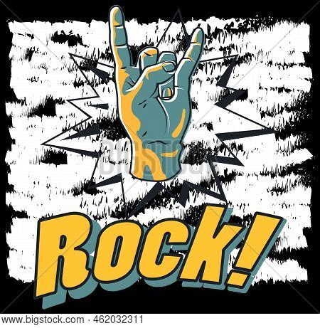 Rock Night Party Poster. Rock Music Festival Flyer. Rock And Roll Hand Sign. Vintage Styled Vector I