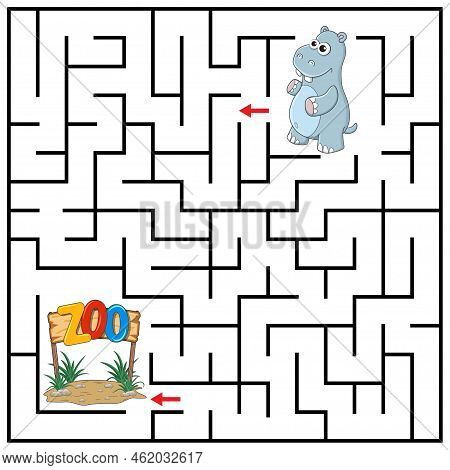 Maze Or Labyrinth For Children With Cartoon Hippo. Find Right Way To The Zoo. Answer Under The Layer