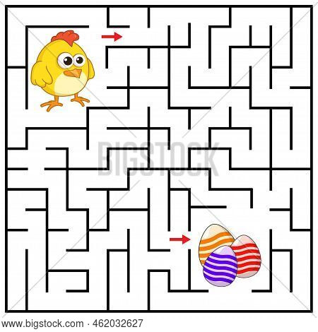Maze Or Labyrinth For Children With Cartoon Chicken. Find Right Way To The Eggs. Answer Under The La