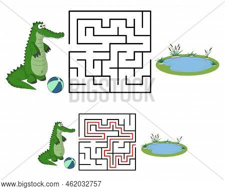Maze Or Labyrinth For Children With Cartoon Alligator And Lake. Find Right Way. Simple Square Maze W