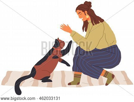 Female Pet Owner Plays With Cat. Caring For Four-footed Friend Concept. Kitty And Woman Friends Isol