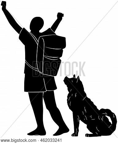 Silhouette Of Man Traveler Or Hiker With Pet. Guy With Backpack Engaged In Tourism With Dog. Male Ch