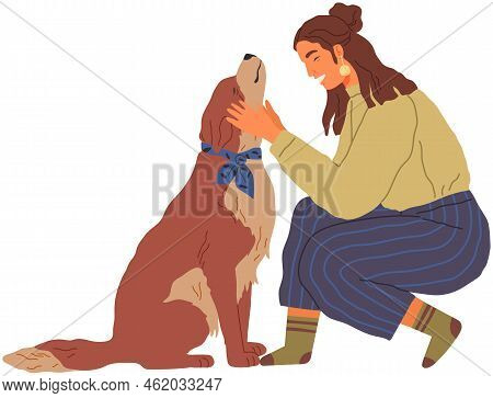 Female Pet Owner Plays With Dog. Caring For Four-footed Friend Concept. Happy Lady With Puppy, Domes