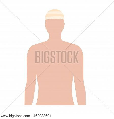 Elastic Bandage On Human Head. Concussion Or Headache. Roll And Wrap Medical Gauze Over A Skull. Bro
