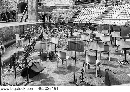 Taormina, Italy - August 11, 2021: Empty Orchestra Of The Ancient Theatre Of Taormina, Sicily, Italy