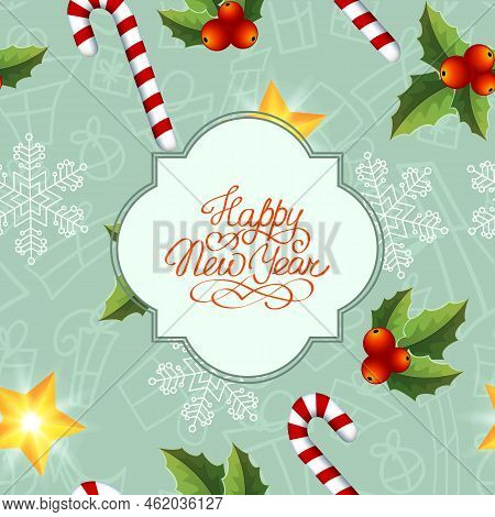 Festive Christmas Seamless Pattern With Greeting Text In Frame Holly Berry Candy And Shiny Star Vect