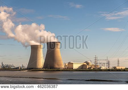 Antwerpen, Flanders, Belgium - July 10, 2022: Sunset On Cooling Towers And Doel Nuclear Power Plant 