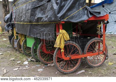 Howrah, West Bengal, India - 26th October 2020 : Plastic Covered Mobile Food Stalls, Trollies At And