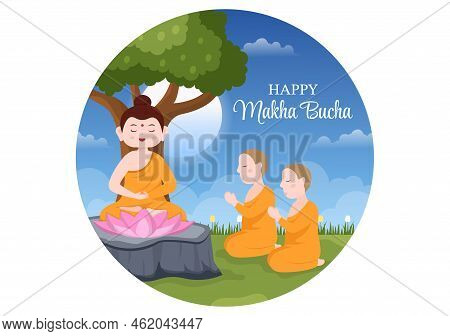 Happy Makha Bucha Day Template Hand Drawn Cartoon Flat Illustration Buddha Sitting In Lotus Flower U