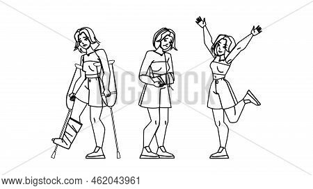 Fracture Woman Line Pencil Drawing Vector. Leg Hand Broken, Bone Injury, Accident Pain, Arm Patient,