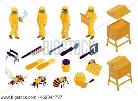 Apiary Isometric Color Set With Beekeepers Bees And Various Equipment For Beekeeping Isolated 3d Vec