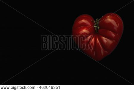 Tomatoes In The Shape Of A Bull's Heart On A Dark Background.one Beef Tomato, Highlighted On A Black