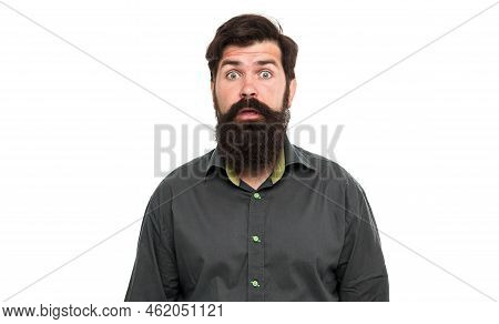 Feeling Good Unshaven Hair. Surprised Hipster Isolated On White. Bearded Man With Unshaven Face Skin