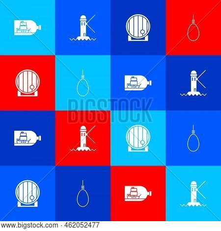 Set Bottle With Ship Inside, Lighthouse, Wooden Barrel And Gallows Rope Loop Hanging Icon. Vector