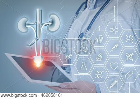 Doctor Holding Modern Tablet, Virtual Image Of Urinary System And Different Icons On Light Backgroun
