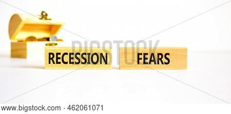 Recession Fears Symbol. Concept Words Recession Fears On Wooden Blocks On A Beautiful White Table Wh