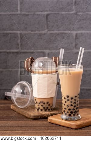 Takeout With Disposable Item Concept Popular Taiwan Drink Bubble Milk Tea With Plastic Cup And Straw
