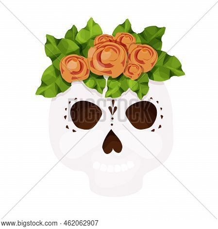 Dead Day, Skull Decorated With Traditional Flowers, Mask, Halloween Celebration In Cartoon Style Iso