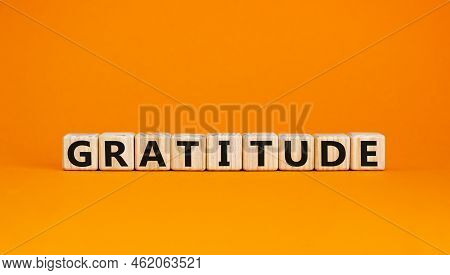 Gratitude Symbol. The Concept Word Gratitude On Wooden Cubes. Beautiful Orange Table, Orange Backgro