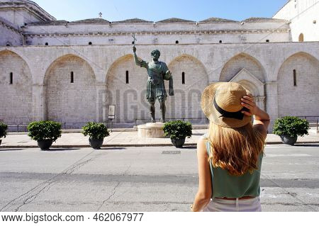 Beautiful Young Tourist Woman Visiting The City Of Barletta, Apulia, Italy