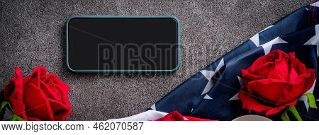 United States Election Design Concept With American Flag, Rose And Smart Phone