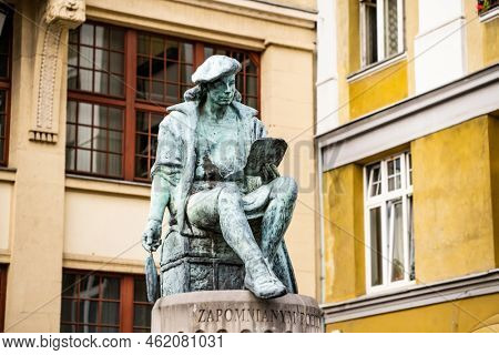 Poznan, Poland - 01 August 2022: Klemens Janicki statue monument in Poznan, Poland. Beautiful sculpture of renaissance polish writer in Europe