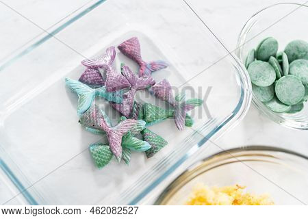 Measured Ingredients In Glass Bowls To Prepare Mermaid Cakesicles.