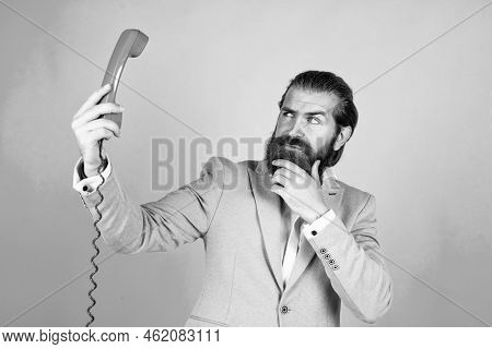 Unpleasant Talk. Communication. True Gentleman With Groomed Hair Hold Vintage Telephone. Nice Conver