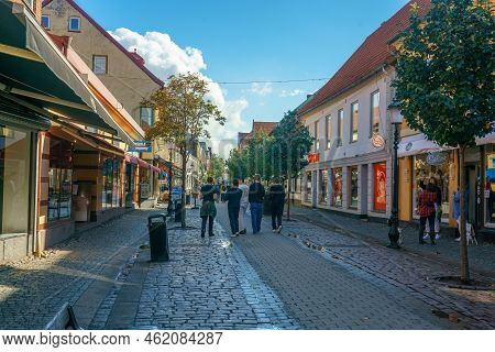 Ystad, Sweden 13 Sep, 2022: Cobbelstone Street With No Cars Allowed, Main Street For Shopping