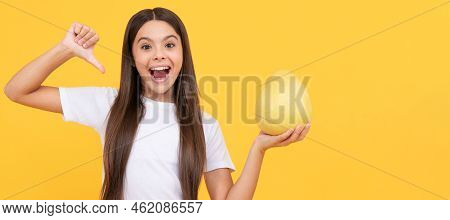 Happy Child Girl Hold Big Citrus Fruit Of Yellow Pummelo Or Pomelo Full Of Vitamin. Child Girl Portr