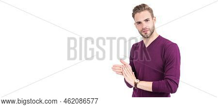 Wash Your Hands Thoroughly To Remove Germs. Guy Rub Hands Together. Alcohol Handrub. Man Face Portra