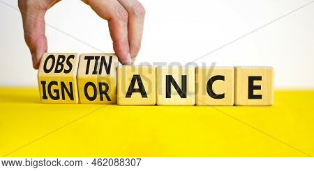Obstinance Or Ignorance Symbol. Businessman Turns Cubes, Changes The Word Ignorance To Obstinance. B
