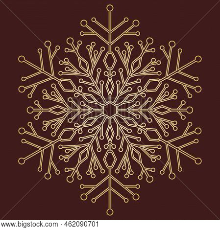 Round Snowflake. Abstract Winter Golden Ornament. Fine Snowflake